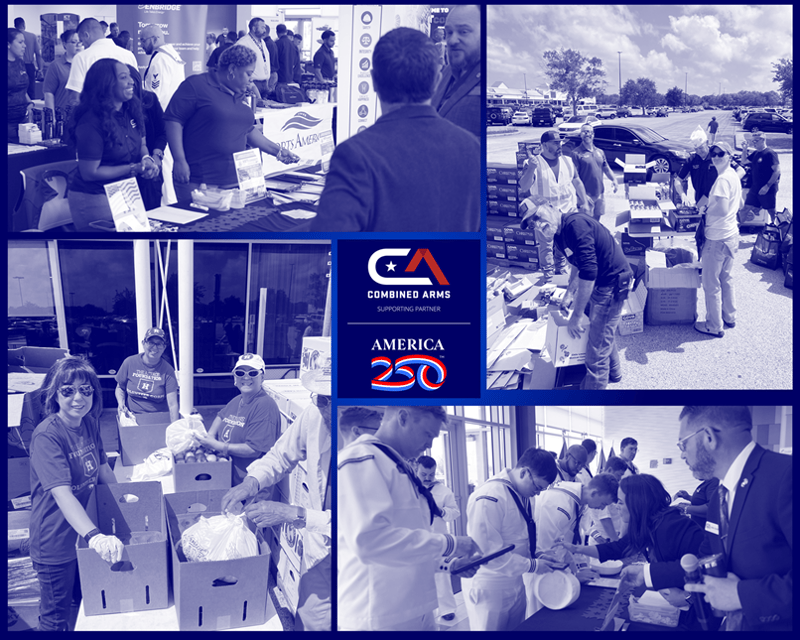 volunteers at multiple events and the cobranded logo of combined arms and america 250