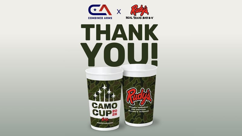 Combined Arms and Rudy’s Bar-B-Q Camo Cup for a Cause campaign graphic featuring two camo cups supporting veterans and military charities