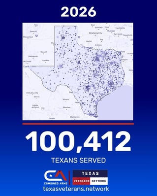 Dots on a texas map to show 100,412 texans served up to 2026
