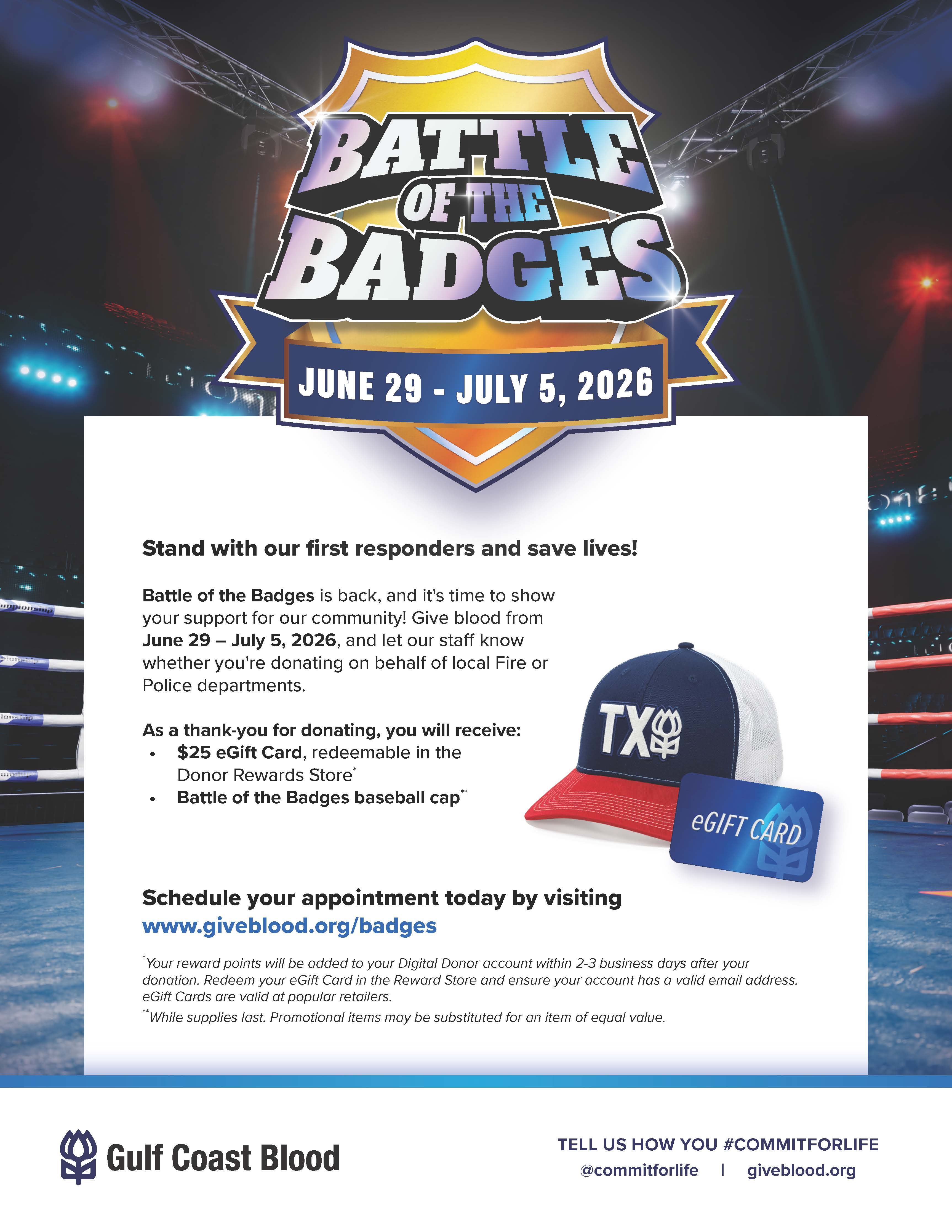 Battle of the Badges Blood Drive - $25 gift card with donation